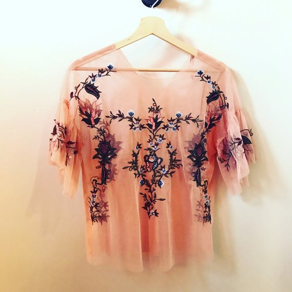 Sheer Peach Lace Floral Embroidered top by Dex - Picture 1 of 1